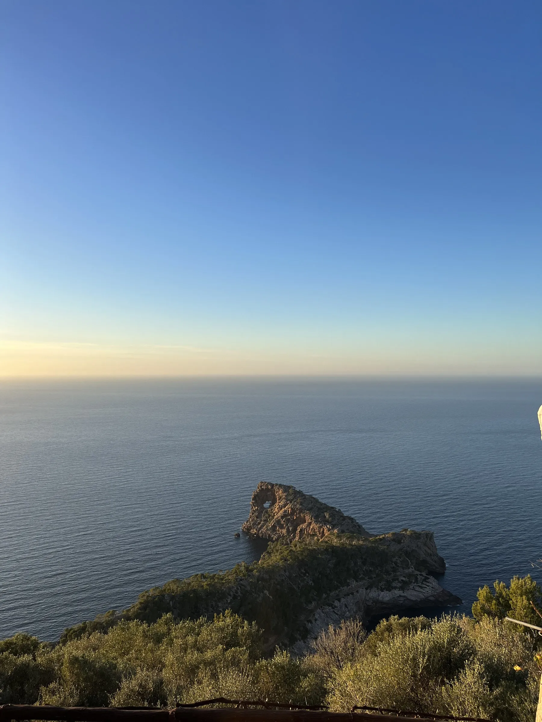 La península de sa Foradada entrando en el mar, vista desde lo alto en la finca de Son Marroig al atardecer.